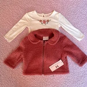 Baby Girl 2-Piece Fleece Jacket & Floral Accent Long Sleeve Onesie, Size 12M